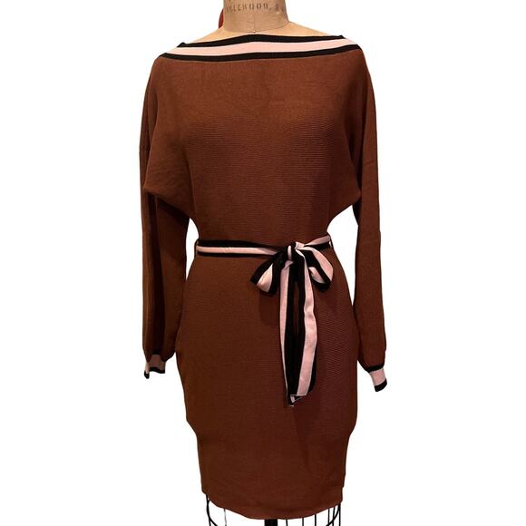 Off the Shoulder Boat Neck Contrast Long Sleeve Knit Belted Sweater Dress Size M - Picture 3 of 14